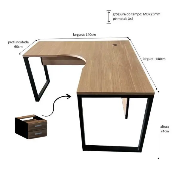 Mesa em L Silver 140x140 Quadrado Gavetas - Imagem 2