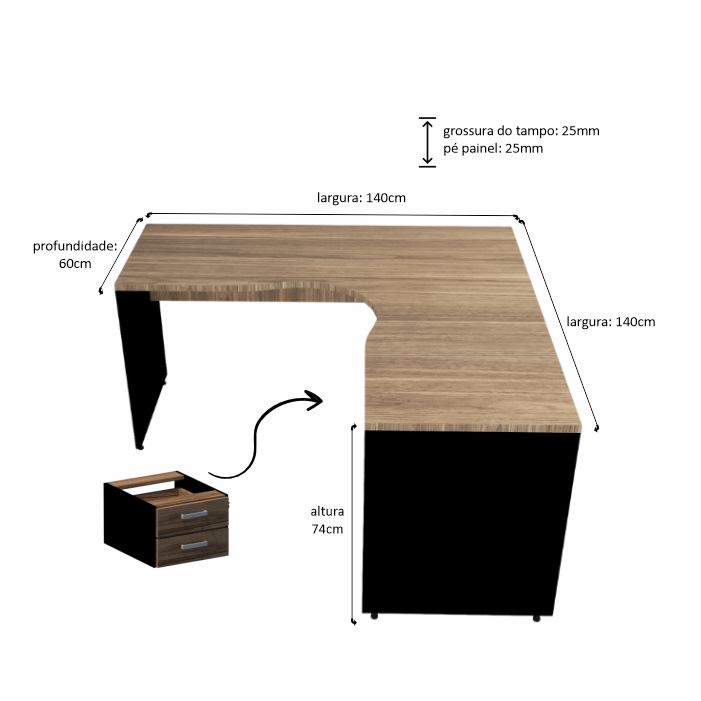 mesa em l silver gavetas painel