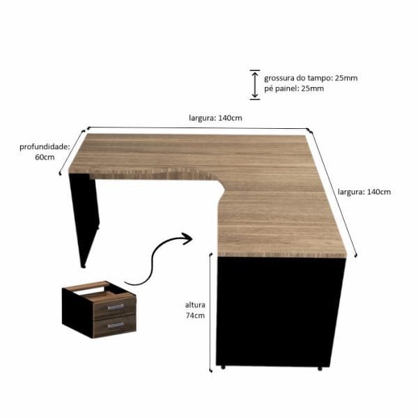 Mesa em L Silver gavetas 140x140 Painel - Imagem 2